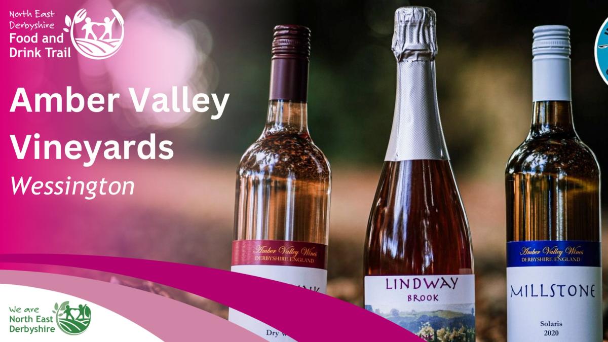 Amber Valley Vineyards Poster showing wine bottles behind Food and Drink Trail logo